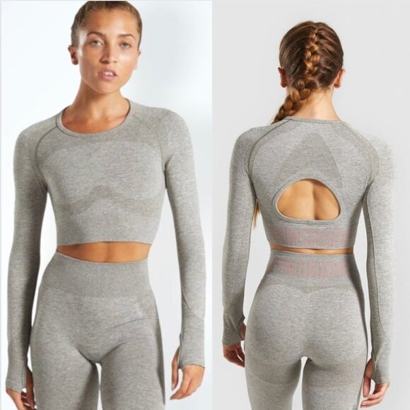 NWT Gymshark Flex Crop Top Khaki Marls/Taupe - Picture 3 of 10